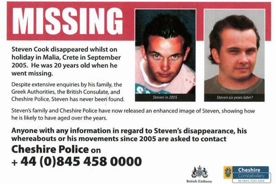 Missing person poster for Steven Cook, showing photos from 2005 and six years later.