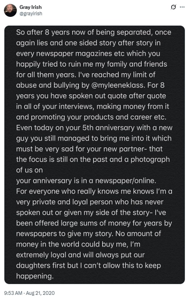 He is no longer active on X/Twiiter. His last post was a lengthy message directed at Myleene in 2020, in which he accused her of 'bullying' and 'abuse' in a sensational online statement