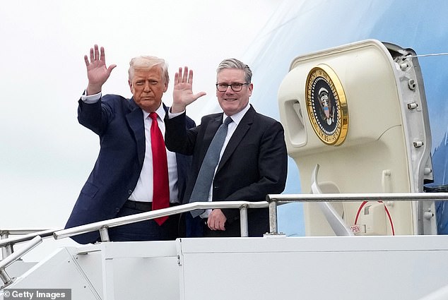 The Prime Minister waved as he boarded the US presidential Boeing 747 at Prestwick tonight after talks and a chaotic press conference at Trump's Turnberry golf resort