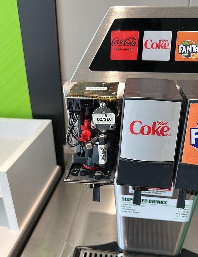 Pictured: A drinks dispenser in Subway that the girl gang broke