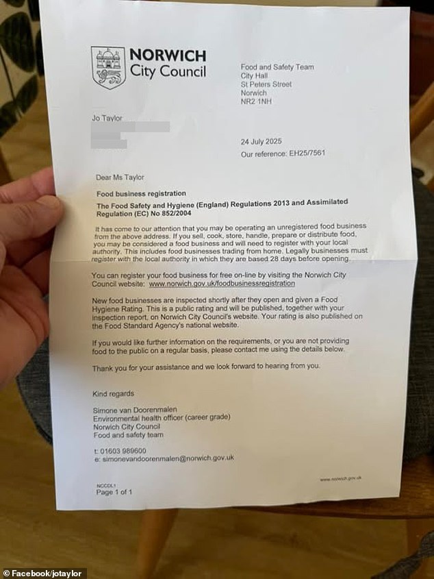 The letter, sent days after the July 19 sale, warned her that anyone handling or selling food may be classed as a 'food business' and must register with the local authority