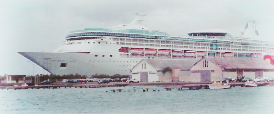 Cruise ship docked at a port.
