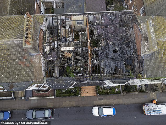 The entire roof can be seen burnt through in aerial images. The building has since been left in a derelict state by its owner