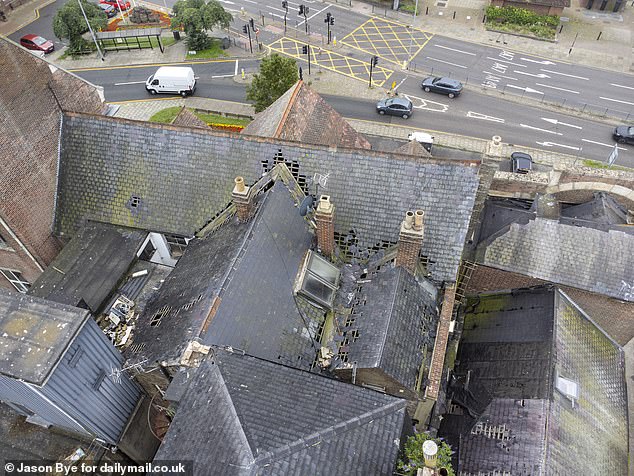 The fire damage to the grade-II listed Star Hotel can be spotted from above, with parts of the roof collapsing