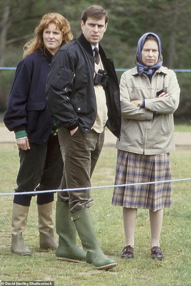 Queen Elizabeth II, Prince Andrew and Sarah Ferguson at Windsor horse show trial in May 1986