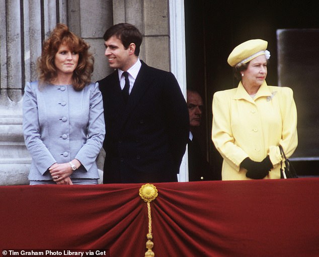 Prince Andrew with his then-fiancee Sarah Ferguson beside the late Queen during Trooping The Colour in 1986 a month before their wedding