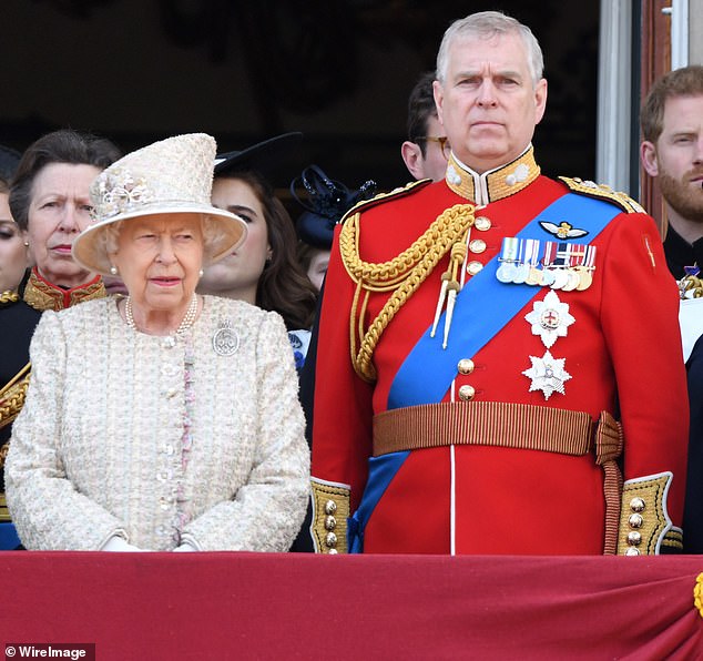 Queen Elizabeth II and Prince Andrew on the balcony of Buckingham Palace during Trooping The Colour on June 8, 2019, in London