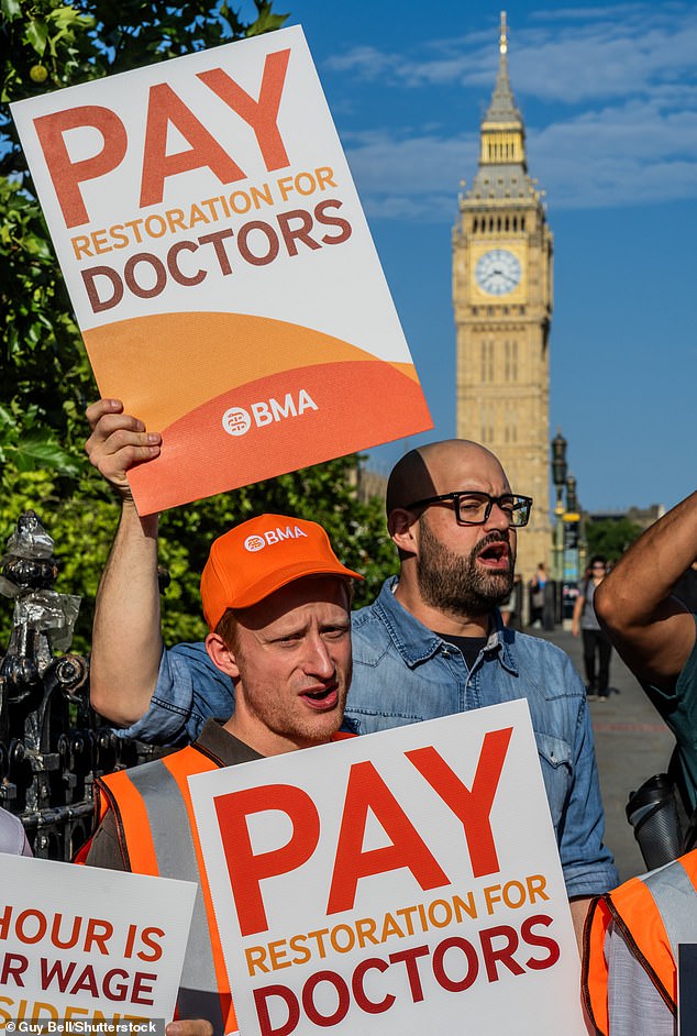 Two thirds of resident doctors – previously known as junior doctors – defied calls to join a strike in pursuit of a 29 per cent pay rise. Pictured: Resident doctors striking at St Thomas' Hospital