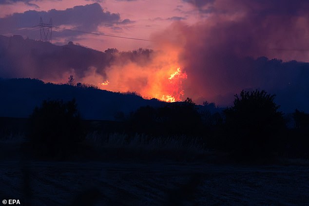 Wildfires have also erupted Greece. Pictured: Smoke rises from a wildfire that broke out early hours in the area of Assiros, in the outskirts of Thessaloniki, northern Greece, 30 July 2025
