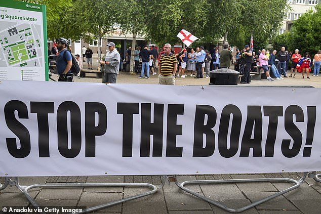 Anti-migrant protesters take part in a demonstration outside the Thistle City Barbican Hotel in London, United Kingdom on August 02, 2025
