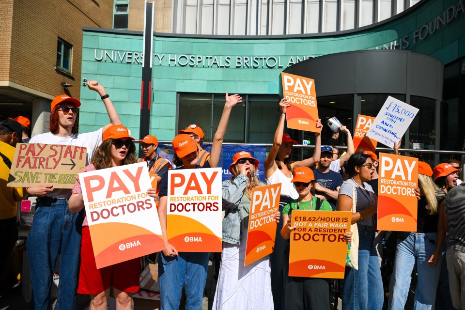 Doctors protesting for pay restoration outside a hospital.