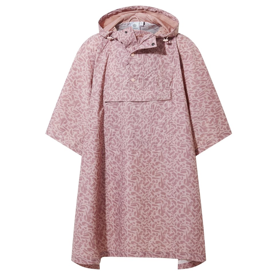 Pink hooded poncho with abstract print.