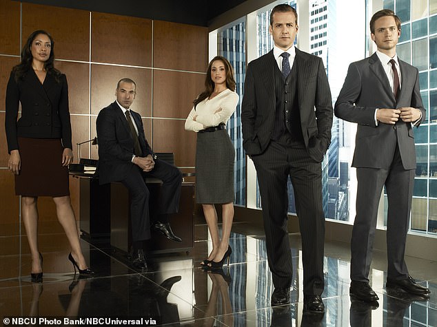 Meghan Markle (centre) with her co-stars of the legal drama Suits, in which she starred as Rachel Zane for seven series