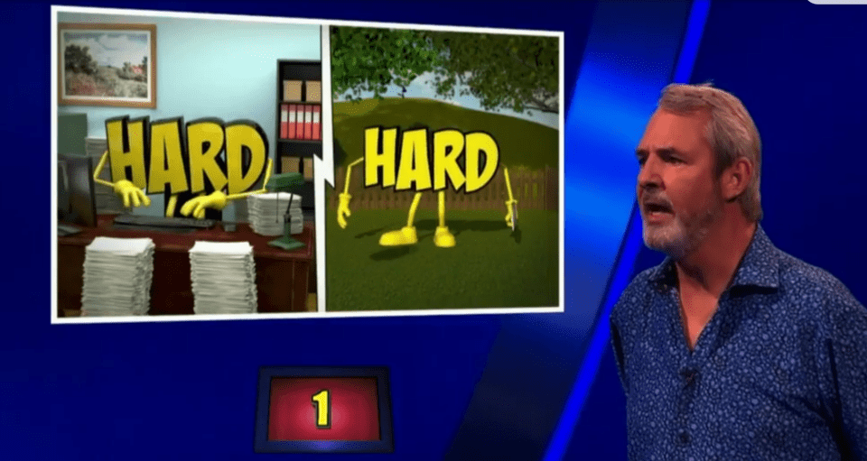 Screenshot of a game show contestant reacting to an animation of the word "HARD" in two different settings.