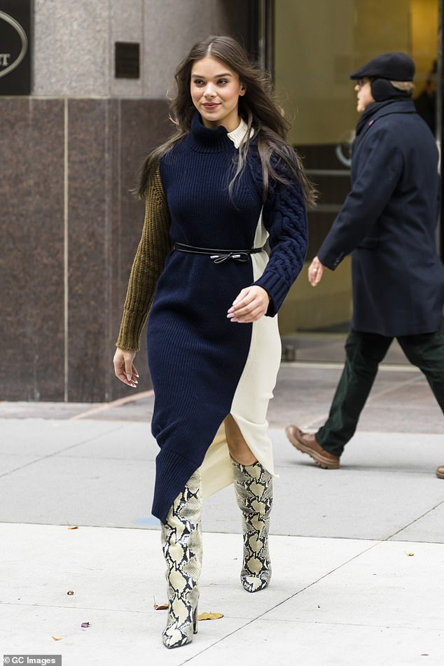 Hailee Steinfeld looked completely unrecognisable with a blunt blonde bob and bleached eyebrows while attending the Met Gala in September 2021 (pictured, her usual look)