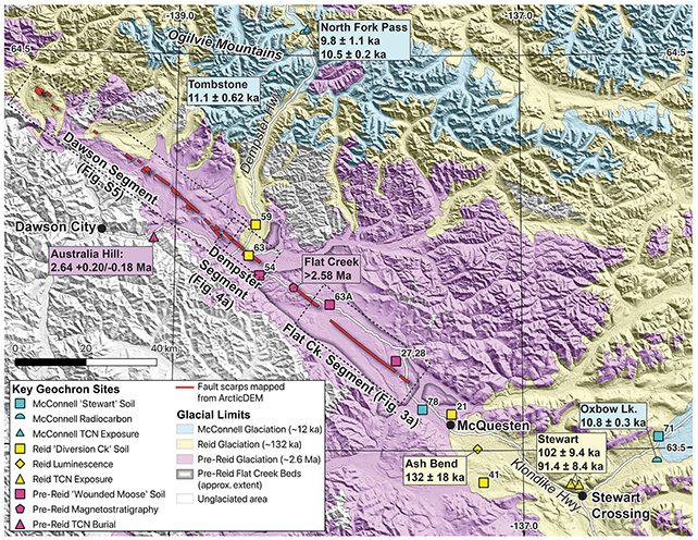 Map of glacial limits and fault scarps in Canada.