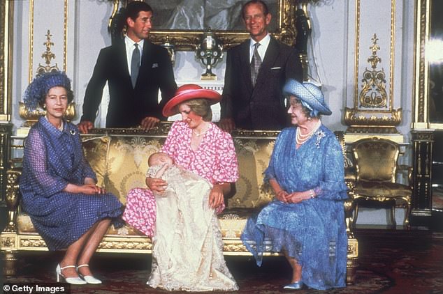 Diana, Charles, Prince Philip, Queen Elizabeth II and the Queen Mother are pictured at Buckingham Palace after William's Christening ceremony