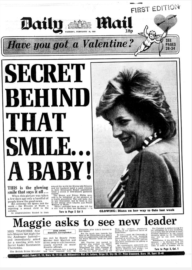 The front page of the Daily Mail on February 14, 1984 - Valentine's Day - is pictured. The main story followed Diana's pregnancy announcement