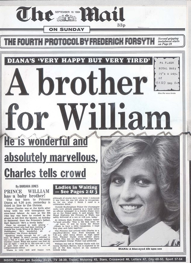 The Daily Mail front page is pictured from September 16, 1984, announcing the birth of Prince Harry