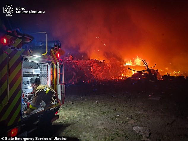 Ambulance and fire service attending the attack in Mykolaiv, Ukraine