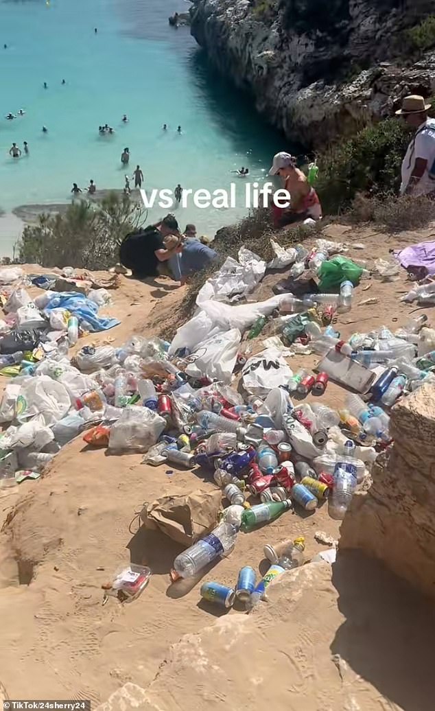 Footage shows sunseekers queueing just to access, while piles of rubbish now litter the once-pristine shoreline