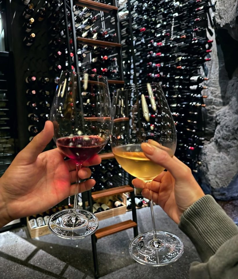 Two hands clinking wine glasses in front of a wine cellar.