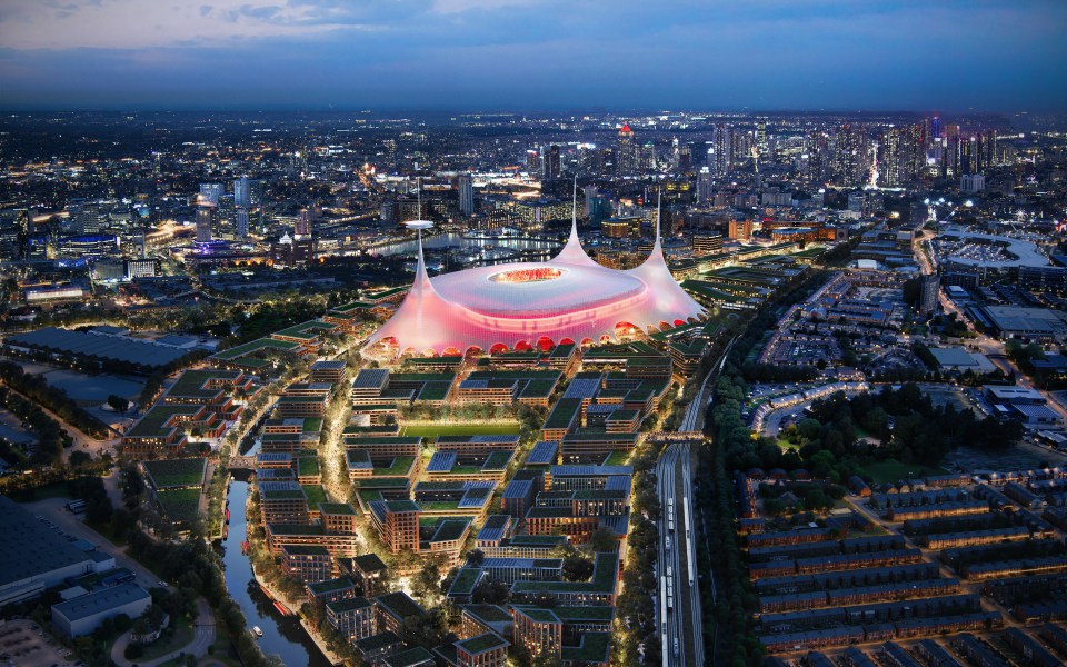 Aerial illustration of a new stadium and surrounding development at dusk.