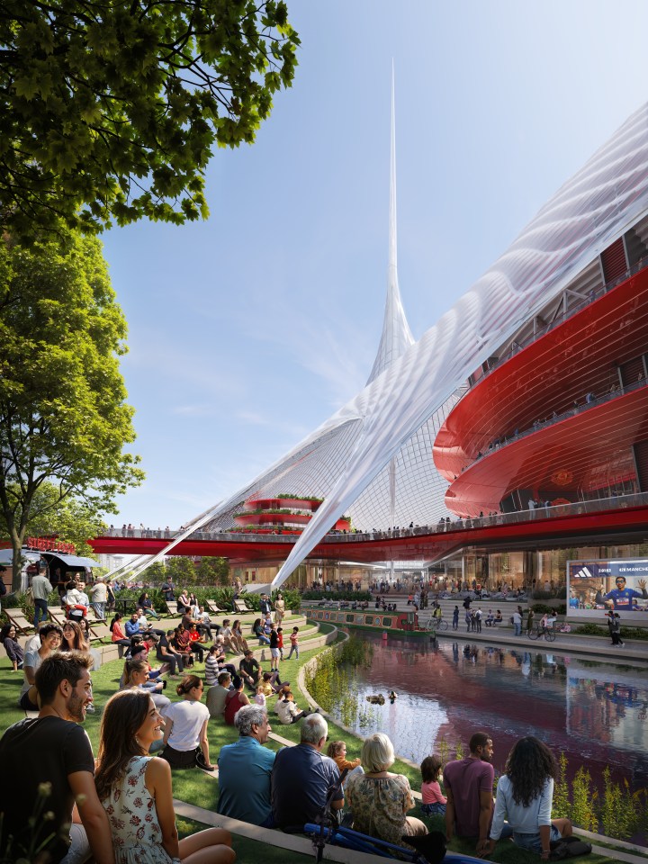 Illustration of Manchester United's new stadium development, showing a canal, people relaxing, and a large screen.