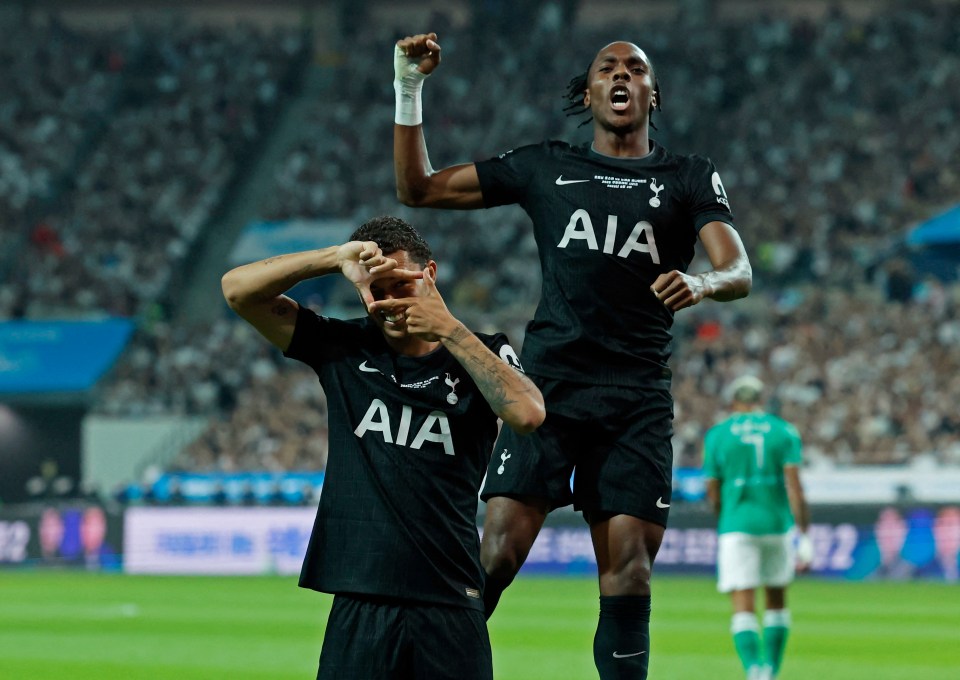 Brennan Johnson of Tottenham Hotspur celebrates a goal.