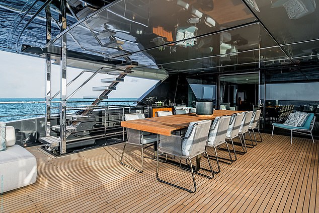Their boat features a spa bath on the upper deck, as well as 65ft garage, plenty of water toys and a jet ski to keep the family entertained
