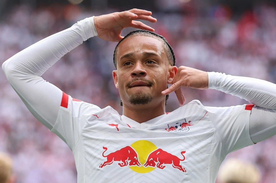 Xavi Simons of RB Leipzig celebrates scoring a goal.