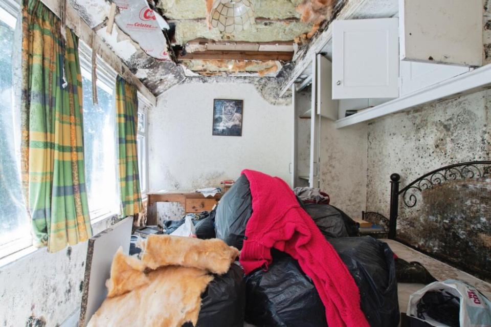 Bedroom with severe mold infestation and discarded belongings.