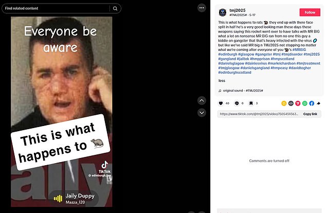In one post, the group said 'this is what happens to rats' with an image of the Scottish Scarface Steven 'Bonzo' Daniel, who had his face almost sliced off with a meat cleaver by a rival gangster
