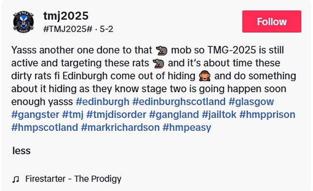 The account calls its rivals 'rats' and has included the hashtags '#gangster' and '#tmjdisorder' in its posts