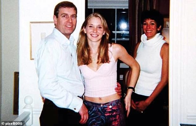 Maxwell's move comes after she met with officials from the White House in an apparent attempt to be pardoned for her sex trafficking crimes (Pictured left to right: Prince Andrew, Virginia Giuffre and Ghislaine Maxwell)