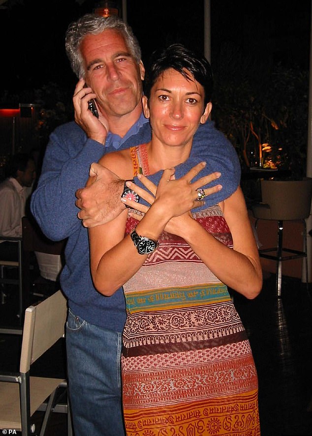Maxwell will rise at 6am each day for a roll-call and will have to dress in a prison-issued khaki shirt and fatigues, according to the handbook (Pictured: Ghislaine Maxwell with Jeffrey Epstein)