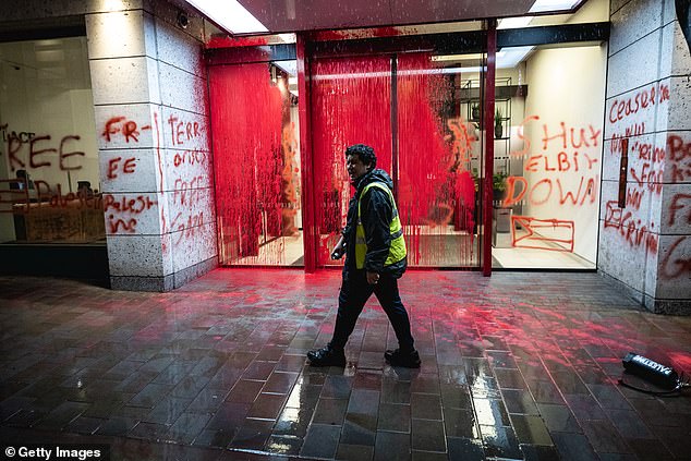 Palestine Action spray paint over the London offices of the arms company Leonardo, which supplies fighter jets to the Israeli military, in November 2023