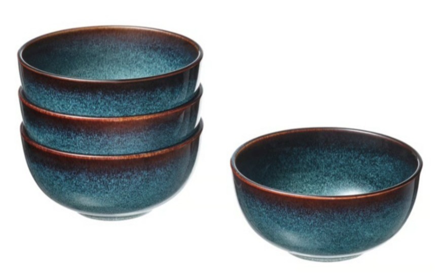 Stack of three teal bowls and a single teal bowl.