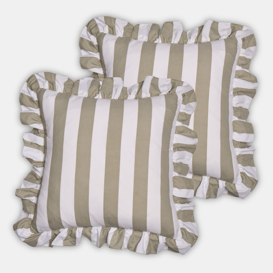 Two beige and white striped pillows with ruffles.