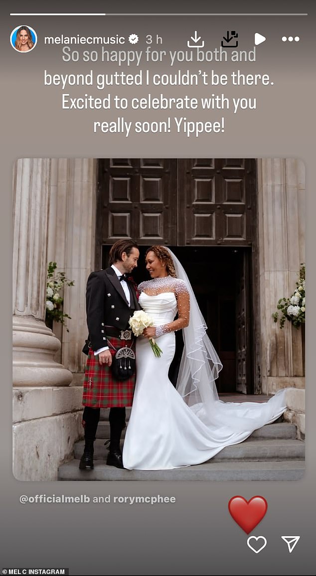 Mel C shared a sweet snap of Mel B and her new husband as they celebrated their wedding day - offering her apologies for missing the service