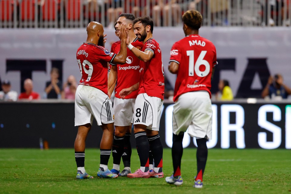 Manchester United players celebrating a goal.