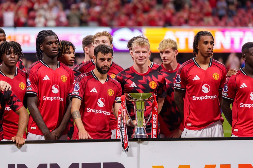 Manchester United players posing with the Summer Series trophy.