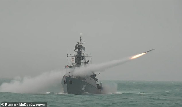 Pictured: A previous drill earlier this month which saw Russia stage its largest naval war games this year in the Barents Sea