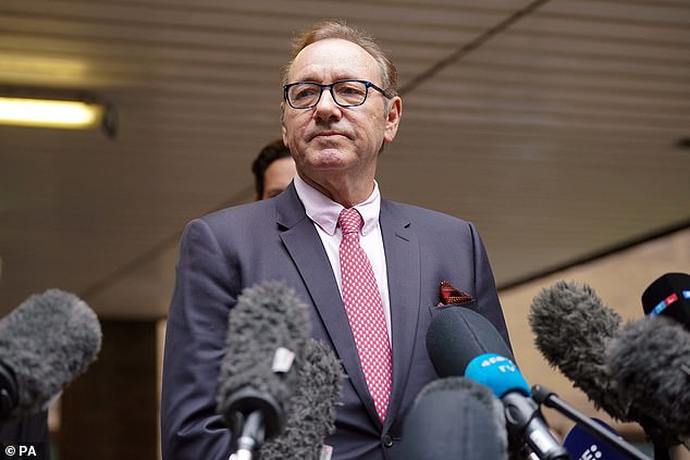 Kevin Spacey is seen speaking to the press outside Southwark Crown Court, London, in July 2023 after he was found not guilty of sexually assaulting four men