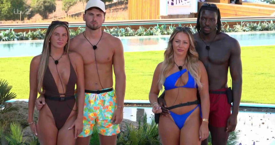 Two couples standing by a pool, at risk of being dumped from Love Island.