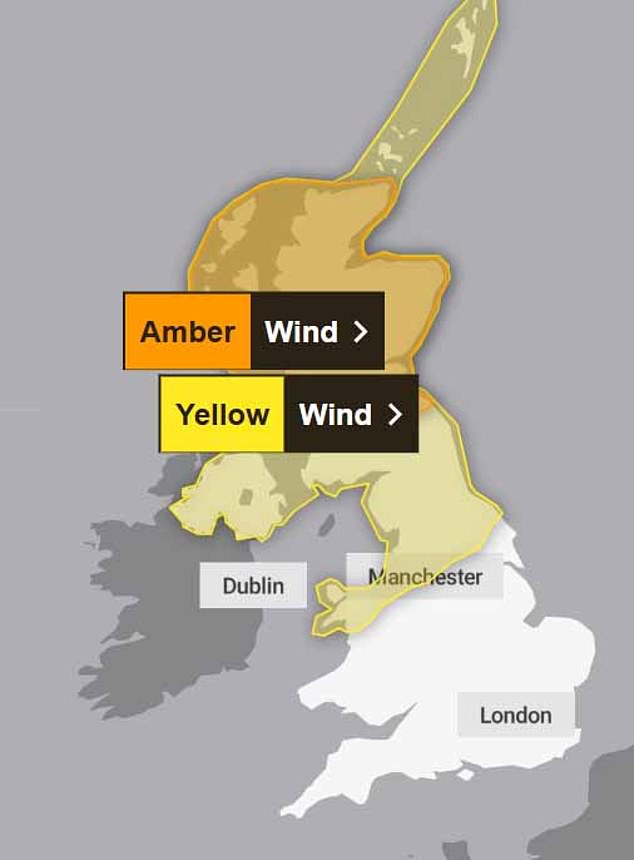 A yellow weather warning for wind is in place in northern England while there is an amber weather warning for much of Scotland