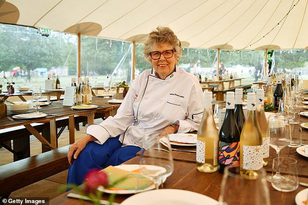 Great British Bake Off judge Prue Leith, 85, (pictured) prepared an incredible menu that included whipped goat’s cheese with roasted pickled tomatoes, as well as hot honey and toasted seed and apricot tart tatin with honey and thyme ice cream