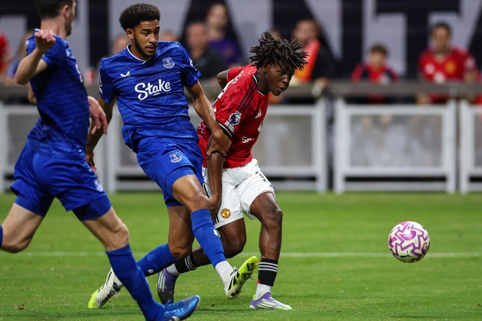 Patrick Dorgu of Manchester United attempts a shot while defended by Tyler Onyango of Everton.