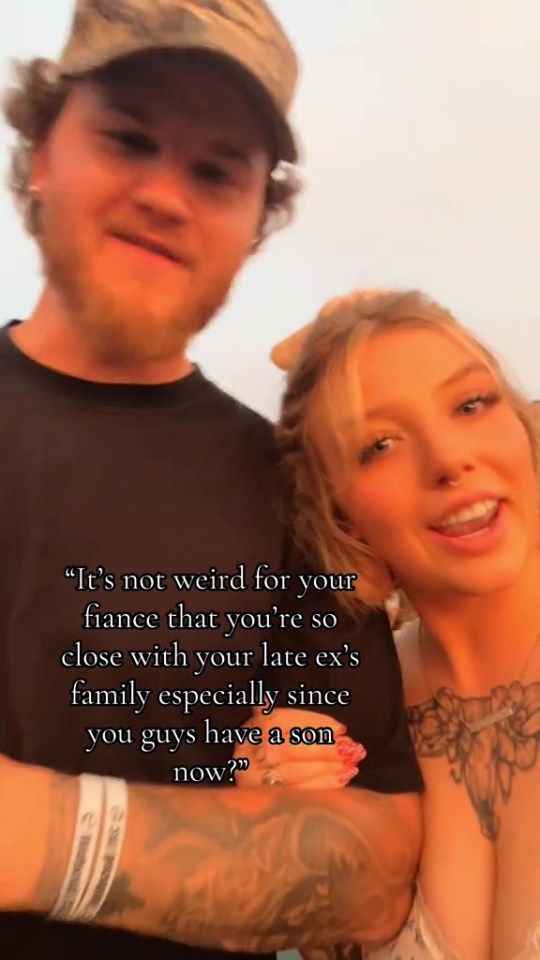 A couple poses for a photo with text overlay asking if it's weird the woman is close with her late ex's family.