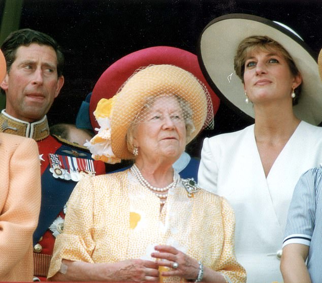 The Queen Mother stood between Charles and Diana during the Trooping of the Colour in 1992
